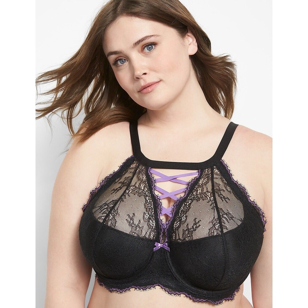 Cacique Goth Sexy~High-Neck Scallop Lace French Balconette Bra~42 F Black